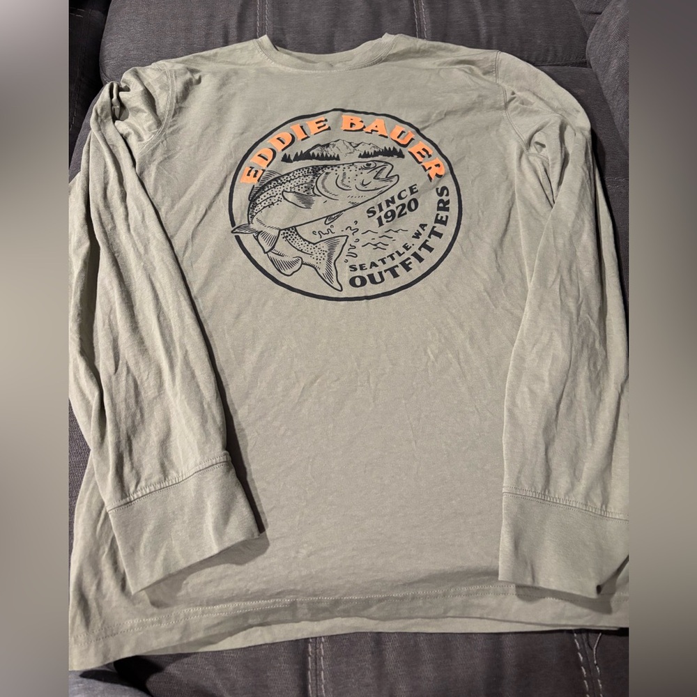 Eddie Bauer Men's Olive Graphic Long Sleeve Bass  Tee